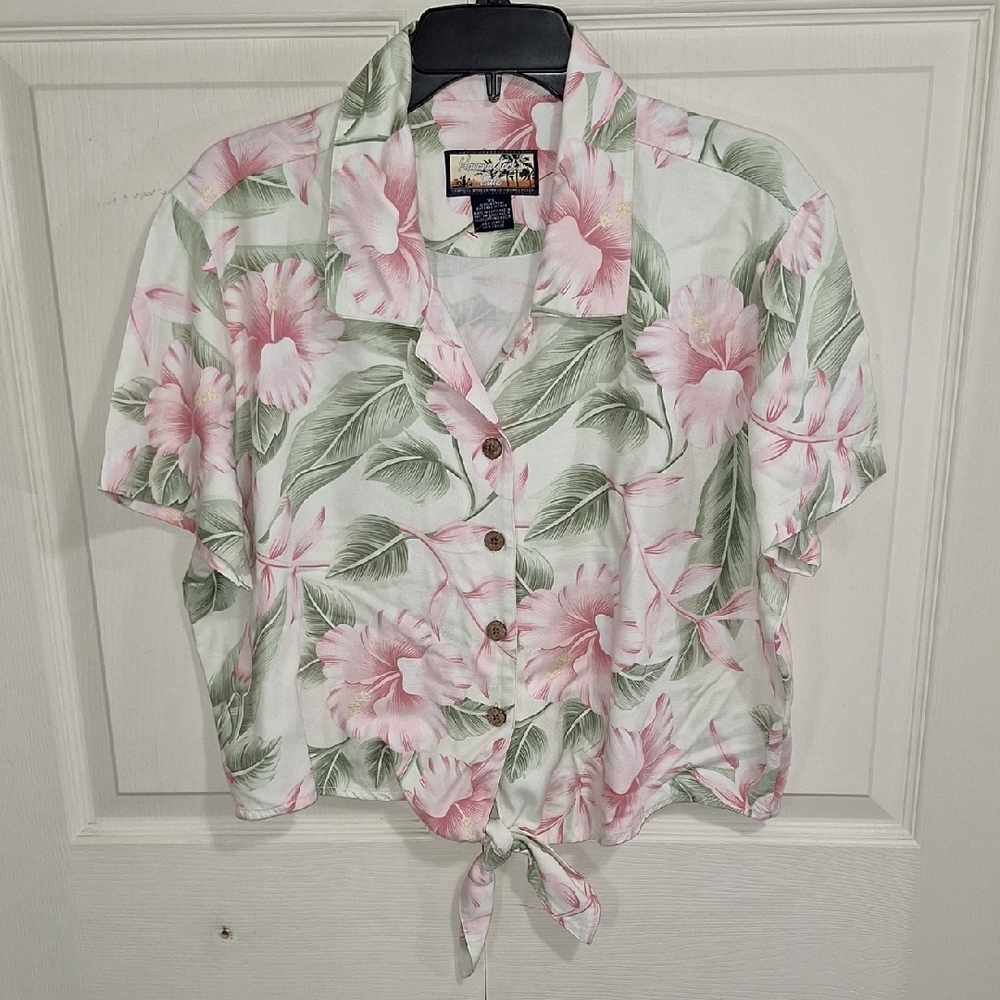 Havana Jacks Cafe Tie Front Cropped Button Down Shirt - XL - Floral Hibiscus